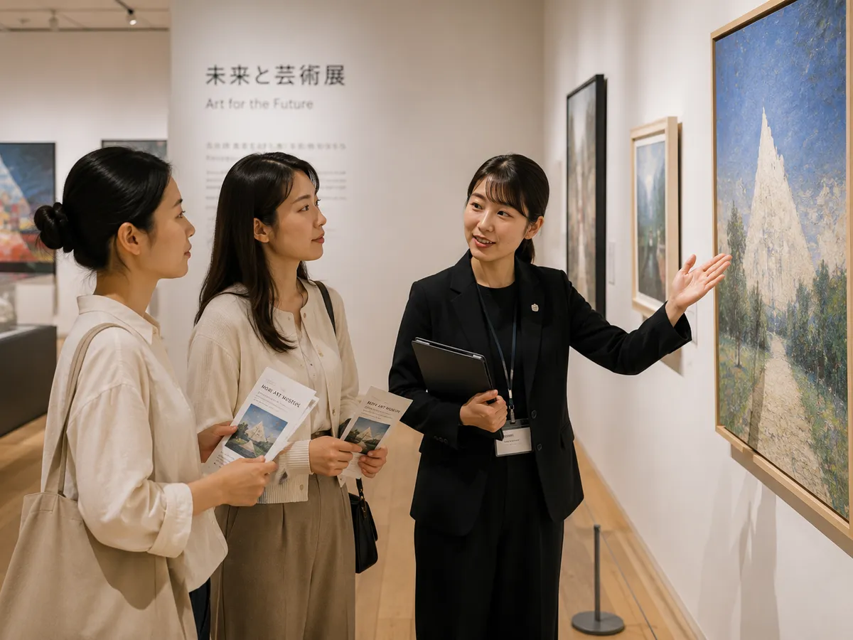 美術館で作品を解説するアテンドスタッフと来場者