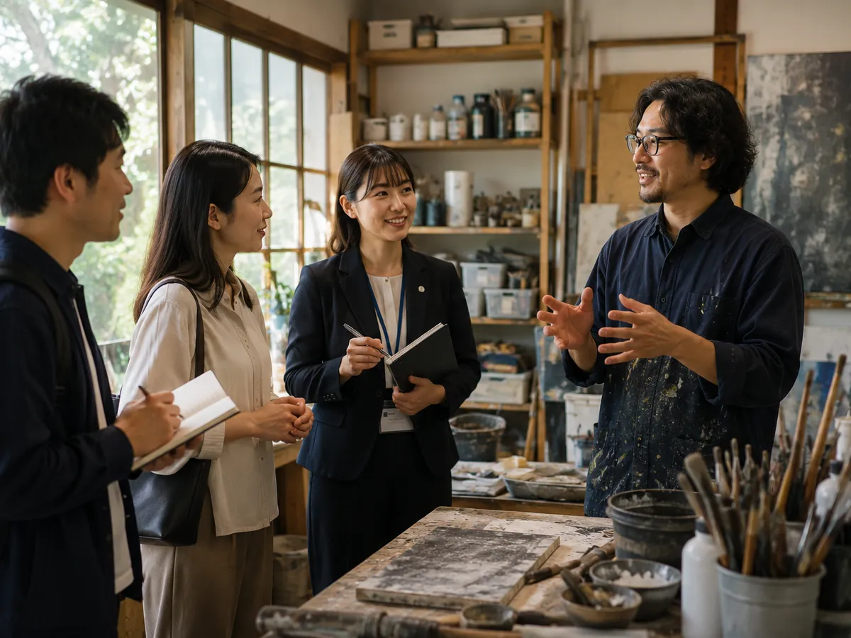 アトリエで作家の話を聞く訪問者と通訳スタッフ